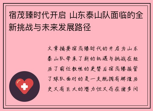 宿茂臻时代开启 山东泰山队面临的全新挑战与未来发展路径