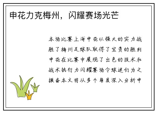 申花力克梅州，闪耀赛场光芒